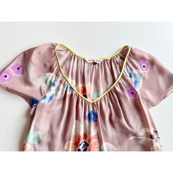 REBECCA TAYLOR Mauve Floral Print Silk Crepe V-Neck Blouse Top, Size 0 - Picture 6 of 11